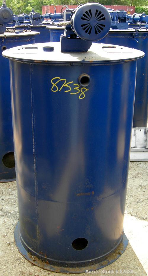 USED: Graco Mix Tank, 100 gallon, carbon steel, vertical. 30" diameter x 33" straight side. Flat bolt on top with 1/3 hinged cover, dish bottom. Top mounted agitator, 1" diameter shaft with (2) 2 win...