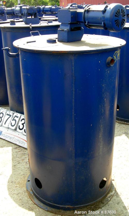 USED: Graco Mix Tank, 100 gallon, carbon steel, vertical. 30" diameter x 33" straight side. Flat bolt on top with 1/3 hinged cover, dish bottom. Top mounted agitator, 1" diameter shaft with (3) 2 win...