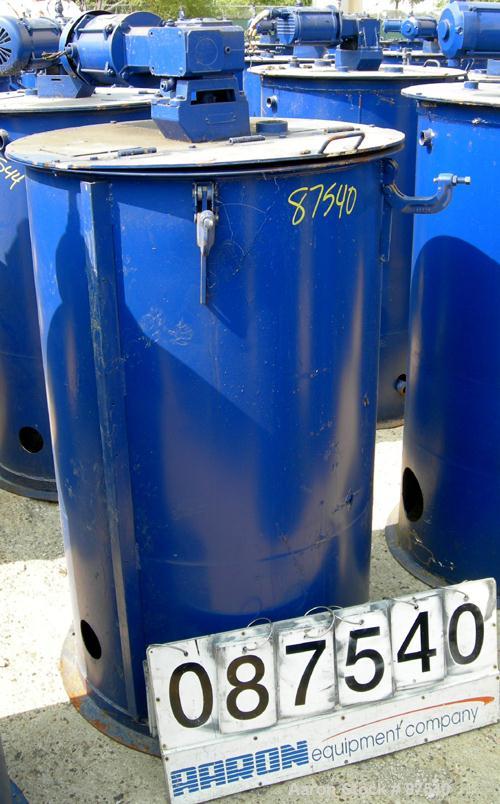 USED: Graco Mix Tank, 100 gallon, carbon steel, vertical. 30" diameter x 33" straight side. Flat bolt on top with 1/3 hinged cover, dish bottom. Top mounted agitator, 1" diameter shaft with (2) 2 win...