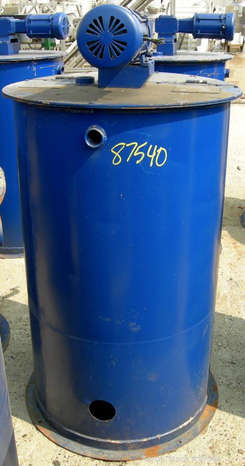 USED: Graco Mix Tank, 100 gallon, carbon steel, vertical. 30" diameter x 33" straight side. Flat bolt on top with 1/3 hinged cover, dish bottom. Top mounted agitator, 1" diameter shaft with (2) 2 win...