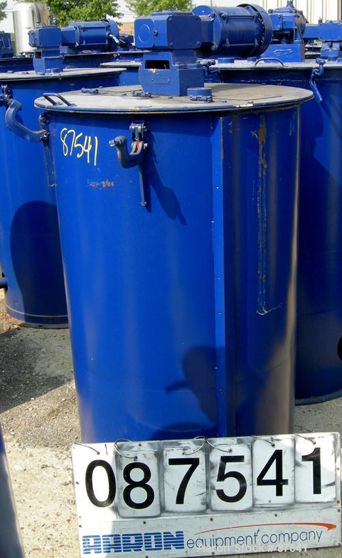 USED: Graco Mix Tank, 100 gallon, carbon steel, vertical. 30" diameter x 33" straight side. Flat bolt on top with 1/3 hinged cover, dish bottom. Top mounted agitator, 1" diameter shaft with (2) 2 win...
