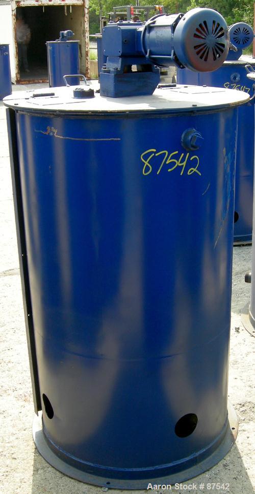 USED: Graco Mix Tank, 100 gallon, carbon steel, vertical. 30" diameter x 33" straight side. Flat bolt on top with 1/3 hinged cover, dish bottom. Top mounted agitator, 1" diameter shaft with (3) 2 win...