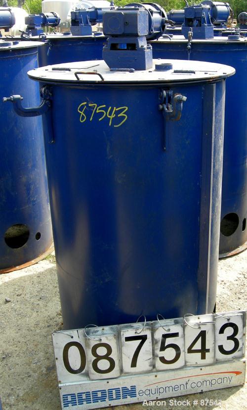USED: Graco Mix Tank, 100 gallon, carbon steel, vertical. 30" diameter x 33" straight side. Flat bolt on top with 1/3 hinged cover, dish bottom. Top mounted agitator, 1" diameter shaft with (3) 2 win...