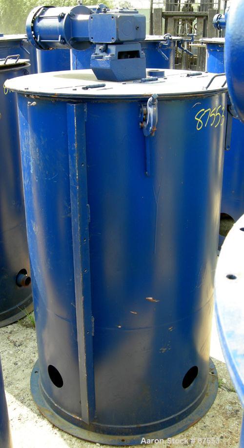 USED: Graco Mix Tank, 100 gallon, carbon steel, vertical. 30" diameter x 33" straight side, flat bolt on top with 1/3 hinged cover, dish bottom. Top mounted agitator, 1" diameter shaft with (3) 2 win...