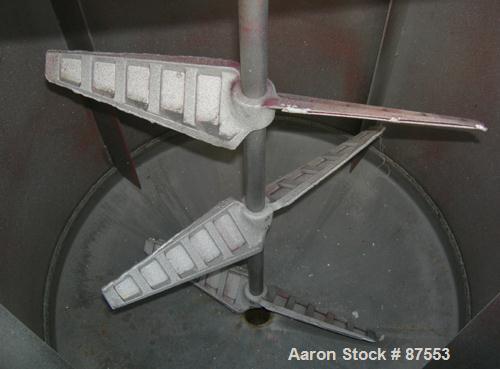USED: Graco Mix Tank, 100 gallon, carbon steel, vertical. 30" diameter x 33" straight side, flat bolt on top with 1/3 hinged cover, dish bottom. Top mounted agitator, 1" diameter shaft with (3) 2 win...