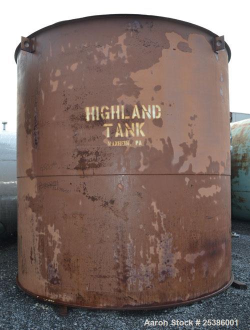 Used Highland Tank, 7800 Gallon, Carbon Steel, Vertical. 132" Diameter x 132" straight side, coned top, flat bottom. Openings top (2) approximate 4-1/4" NPT, 23-1/2" man way with cover, side approxim...