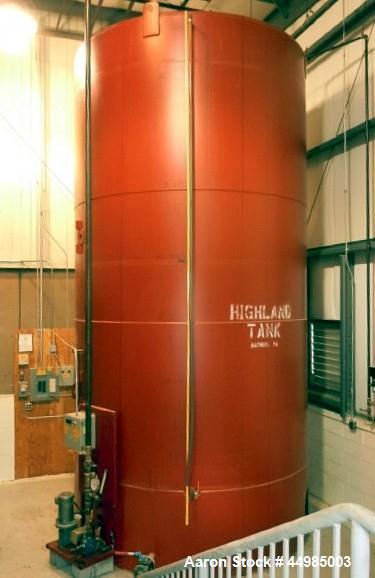 Used Highland Tank 10,000 Gallon Vertical Carbon Steel Single Wall Storage Tank.  Flat top and cone bottom, 1/4" thick shell.  10' 2" Diameter X 19' high overall.  Mounted on 2'6" steel skirt support...