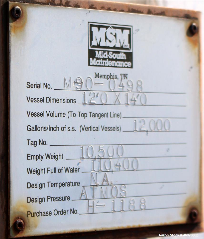 Used Mid-South Maintenance/MSM Tank, 12,000 Gallon, Carbon Steel, Vertical.