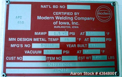 Used Modern Welding Company Tank, 17,000 Gallon, SA-36 Carbon Steel, Vertical. 132” Diameter x 288” straight side, dished top, flat bottom. Internal rated 1.5 WC psi at 200 degrees F. Openings top (3...