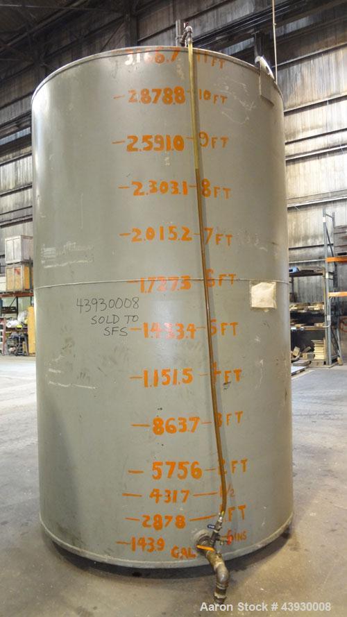 Used 3000 Gallon Carbon Steel Tank, Modern Welding Company, Approximately 7' diameter x 11' high.   Flat Top and Bottom.    3" Side Bottom Outlet, 18" Top Manway, UL listed for Above-ground  - Flamma...