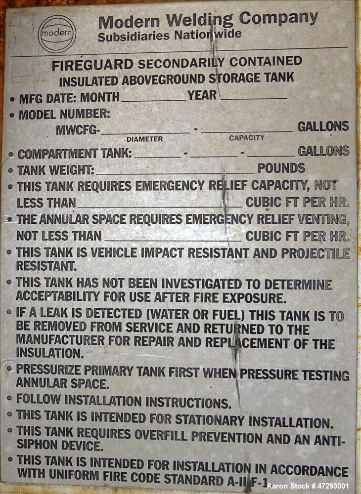 Used Fireguard Lightweight Double Wall 15,000 Gallon Carbon Steel Tank
