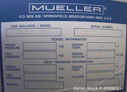 Unused- Mueller Feed Flash Drum Pressure Tank, 80 Gallon, Model "F", carbon steel, vertical. 18" diameter x 57" straight side, dished bolt on top, dished bottom. Internal rated 30 psi at 600 deg F an...