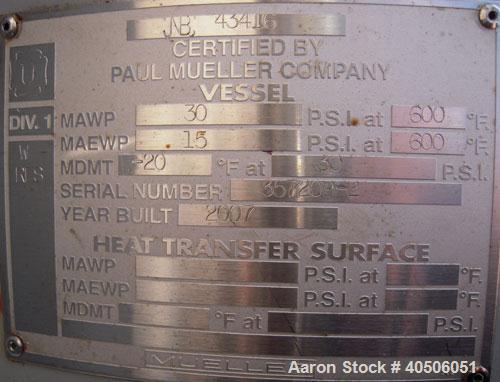 Unused- Mueller Feed Flash Drum Pressure Tank, 80 Gallon, Model "F", carbon steel, vertical. 18" diameter x 57" straight side, dished bolt on top, dished bottom. Internal rated 30 psi at 600 deg F an...
