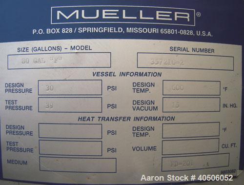 Unused- Mueller Feed Flash Drum Pressure Tank, 80 Gallon, Model "F", carbon steel, vertical. 18" diameter x 57" straight side, dished bolt on top, dished bottom. Internal rated 30 psi at 600 deg F an...