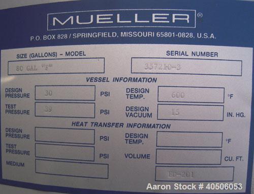 Unused- Mueller Feed Flash Drum Pressure Tank, 80 Gallon, Model "F", carbon steel, vertical. 18" diameter x 57" straight side, dished bolt on top, dished bottom. Internal rated 30 psi at 600 deg F an...