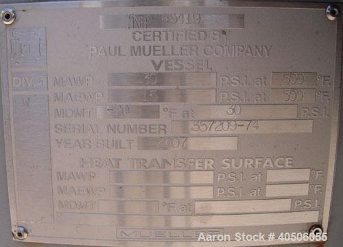 Unused- Mueller Pressure Tank, 75 Gallon, Model "F", SA-516 GR 70 carbon steel, vertical. 24" diameter x 47" straight side, dished top and bottom. Internal rated 30 psi at 500 deg F and -20 deg F at ...
