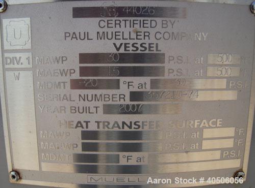 Unused- Mueller Pressure Tank, 75 Gallon, Model "F", SA-516 GR 70 carbon steel, vertical. 24" diameter x 47" straight side, dished top and bottom. Internal rated 30 psi at 500 deg F and -20 deg F at ...