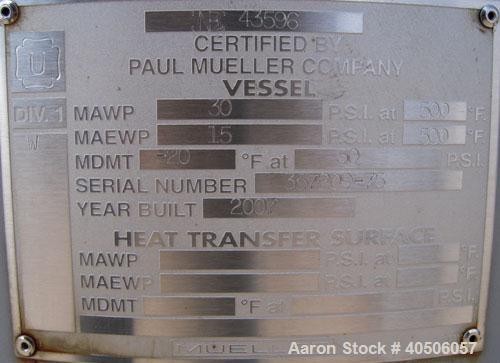 Unused- Mueller Pressure Tank, 75 Gallon, Model "F", SA-516 GR 70 carbon steel, vertical. 24'' diameter x 47'' straight side, dished top and bottom. Internal rated 30 psi at 500 deg F and -20 deg F a...
