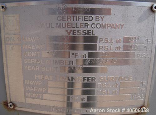 Unused- Mueller Pressure Tank, 75 Gallon, Model "F", SA-516 GR 70 carbon steel, vertical. 24'' diameter x 47'' straight side, dished top and bottom. Internal rated 30 psi at 500 deg F and -20 deg F a...