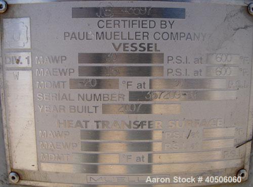 Unused- Mueller Pressure Tank, 75 Gallon, Model "F", SA-516 GR 70 carbon steel, vertical. 24" diameter x 40" straight side, dished top and bottom. Internal rated 30 psi at 600 deg F and -20 deg F at ...