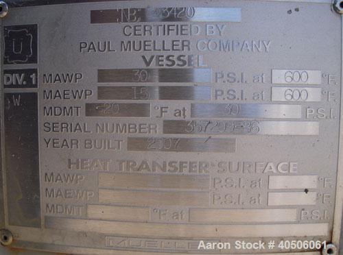 Unused- Mueller Pressure Tank, 75 Gallon, Model "F", SA-516 GR 70 carbon steel, vertical. 24'' diameter x 40'' straight side, dished top and bottom. Internal rated 30 psi at 600 deg F and -20 deg F a...