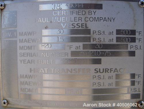 Unused- Mueller Pressure Tank, 75 Gallon, Model "F", SA-516 GR 70 carbon steel, vertical. 24'' diameter x 47'' straight side, dished top and bottom. Internal rated 30 psi at 500 deg F and -20 deg F a...