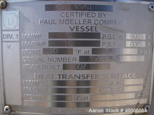 Unused- Mueller Pressure Tank, 75 Gallon, Model "F", SA-516 GR 70 carbon steel, vertical. 24'' diameter x 40'' straight side, dished top and bottom. Internal rated 30 psi at 600 deg F and -20 deg F a...