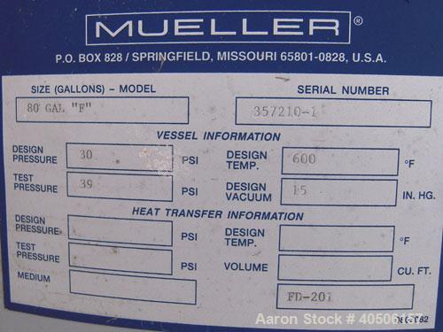 Unused- Mueller Feed Flash Drum Pressure Tank, 80 gallon, model "F", carbon steel, vertical. 18'' diameter x 57'' straight side, dished bolt on top, dished bottom. Internal rated 30 psi at 600 deg F....