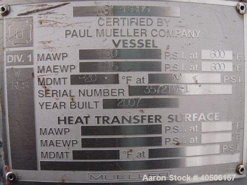 Unused- Mueller Feed Flash Drum Pressure Tank, 80 gallon, model "F", carbon steel, vertical. 18'' diameter x 57'' straight side, dished bolt on top, dished bottom. Internal rated 30 psi at 600 deg F....