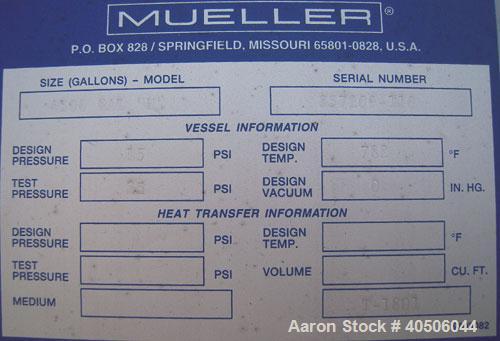 Unused- Mueller Pressure Tank, 4500 Gallon, Model "H", SA-516 GR 70 Carbon Steel, Horizontal. 96" diameter x 120" straight side, 2:1 elliptical ends. Internal rated 15 psi at 782 deg F and -25 deg F ...