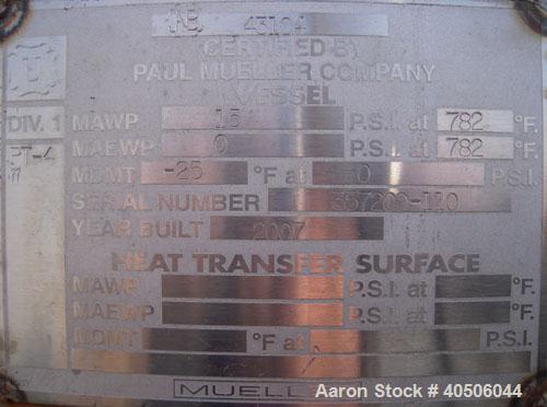 Unused- Mueller Pressure Tank, 4500 Gallon, Model "H", SA-516 GR 70 Carbon Steel, Horizontal. 96" diameter x 120" straight side, 2:1 elliptical ends. Internal rated 15 psi at 782 deg F and -25 deg F ...
