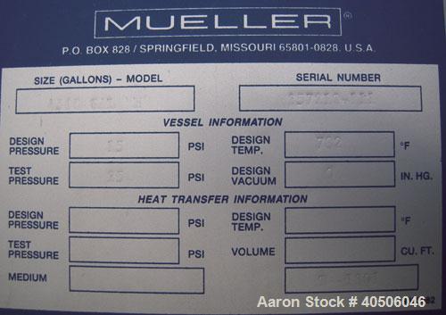 Unused- Mueller Pressure Tank, 4500 Gallon, Model "H", SA-516 GR 70 carbon steel, horizontal. 96" diameter x 120" straight side, 2:1 elliptical ends. Internal rated 15 psi at 782 deg F and -25 deg F ...