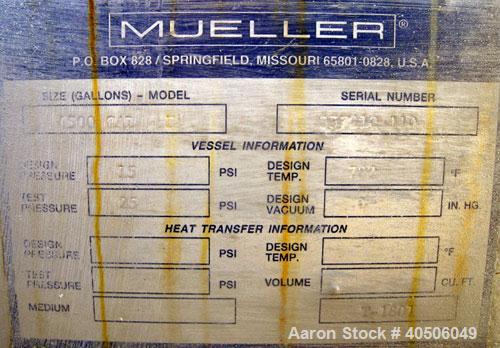 Unused- Mueller Pressure Tank, 4500 Gallon, Model "H", SA-516 GR 70 Carbon Steel, Horizontal. 96" diameter x 120" straight side, 2:1 elliptical ends. Internal rated 15 psi at 782 deg F and -25 deg F ...
