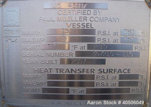 Unused- Mueller Pressure Tank, 4500 Gallon, Model "H", SA-516 GR 70 Carbon Steel, Horizontal. 96" diameter x 120" straight side, 2:1 elliptical ends. Internal rated 15 psi at 782 deg F and -25 deg F ...
