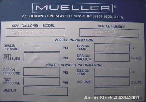 Unused- Mueller Pressure Tank, 4500 Gallon, Model "H", SA-516 GR 70 carbon steel, horizontal. 96" diameter x 120" straight side, 2:1 elliptical ends. Internal rated 15 psi at 782 deg F and -25 deg F ...
