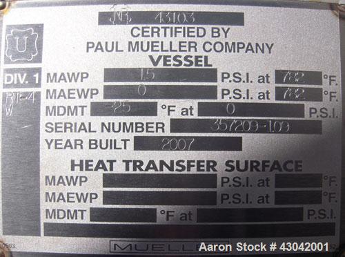 Unused- Mueller Pressure Tank, 4500 Gallon, Model "H", SA-516 GR 70 carbon steel, horizontal. 96" diameter x 120" straight side, 2:1 elliptical ends. Internal rated 15 psi at 782 deg F and -25 deg F ...