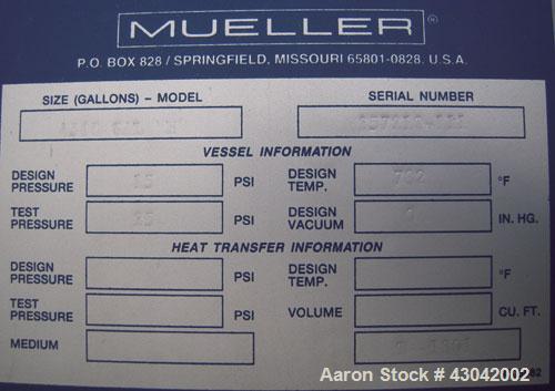 Unused- Mueller Pressure Tank, 4500 Gallon, Model "H", SA-516 GR 70 carbon steel, horizontal. 96" diameter x 120" straight side, 2:1 elliptical ends. Internal rated 15 psi at 782 deg F and -25 deg F ...
