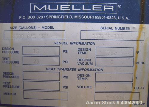 Unused- Mueller Pressure Tank, 4500 Gallon, Model "H", SA-516 GR 70 carbon steel, horizontal. 96" diameter x 120" straight side, 2:1 elliptical ends. Internal rated 15 psi at 782 deg F and -25 deg F ...