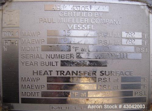 Unused- Mueller Pressure Tank, 4500 Gallon, Model "H", SA-516 GR 70 carbon steel, horizontal. 96" diameter x 120" straight side, 2:1 elliptical ends. Internal rated 15 psi at 782 deg F and -25 deg F ...