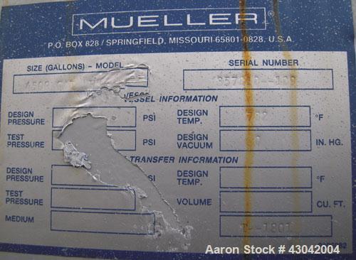 Unused- Mueller Pressure Tank, 4500 Gallon, Model "H", SA-516 GR 70 carbon steel, horizontal. 96" diameter x 120" straight side, 2:1 elliptical ends. Internal rated 15 psi at 782 deg F and -25 deg F ...