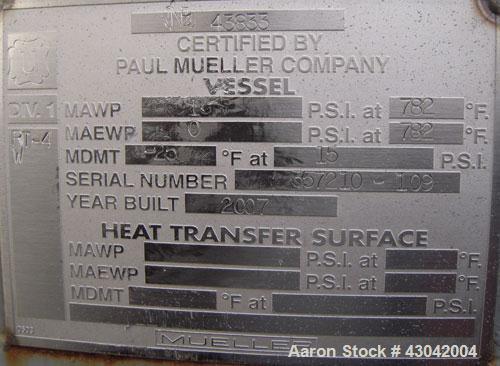 Unused- Mueller Pressure Tank, 4500 Gallon, Model "H", SA-516 GR 70 carbon steel, horizontal. 96" diameter x 120" straight side, 2:1 elliptical ends. Internal rated 15 psi at 782 deg F and -25 deg F ...