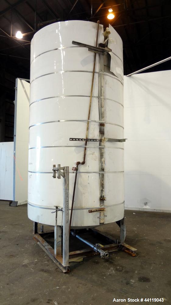 Used Tank, 2300 Gallon, Lined Carbon Steel, Vertical. Approximate 72" diameter x 130" straight side, dished top and bottom. Openings top 3", 17" man way with an aluminum cover. 2-1/2" Threaded center...