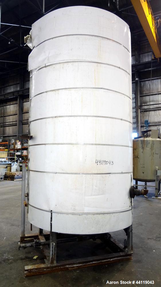 Used Tank, 2300 Gallon, Lined Carbon Steel, Vertical. Approximate 72" diameter x 130" straight side, dished top and bottom. Openings top 3", 17" man way with an aluminum cover. 2-1/2" Threaded center...