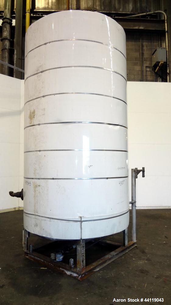 Used Tank, 2300 Gallon, Lined Carbon Steel, Vertical. Approximate 72" diameter x 130" straight side, dished top and bottom. Openings top 3", 17" man way with an aluminum cover. 2-1/2" Threaded center...
