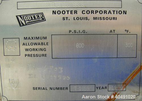 Used Nooter pressure tank, 55 gallon, carbon steel, horizontal. Approximately 16" diameter x 64" straight side, flat bolt on ends. Internal rated 600 psi at 300 deg F. Internal agitator, no drive. Op...