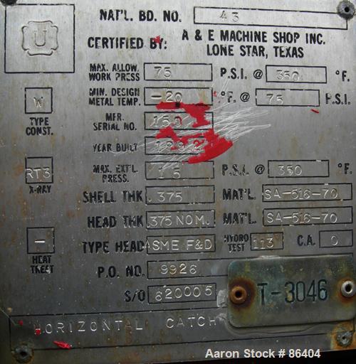 Used A&E Machine Shop Teflon Lined Pressure Tank, 2400 Gallon, Carbon Steel, Horizontal. 72" diameter x 124" straight side, dished ends. Internal rated 75 PSI at 350 Degrees F. Openings: top (7) 2", ...