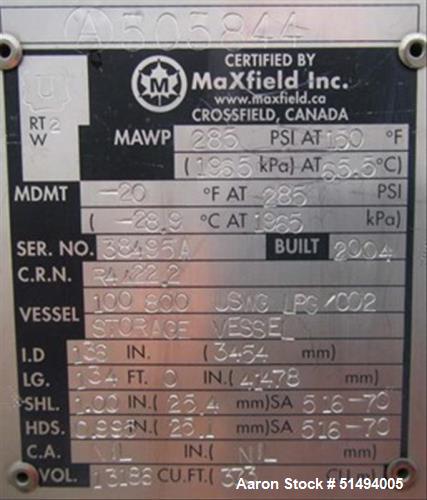 Used Maxfield Horizontal CO2/ LP Vessel, 100,800 USWG