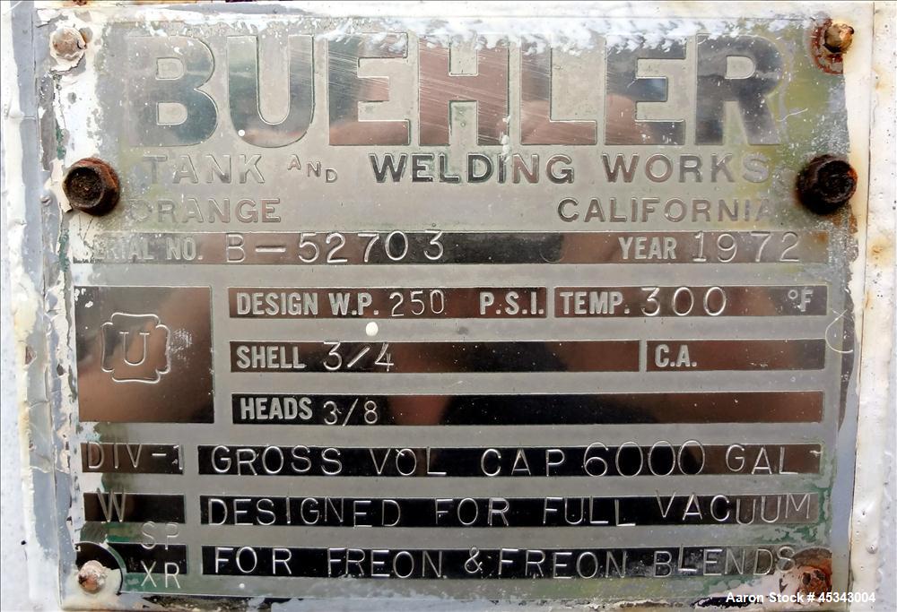 Used 6,000 Gallon Carbon Steel Buehler Tank & Welding Works Pressure Tank