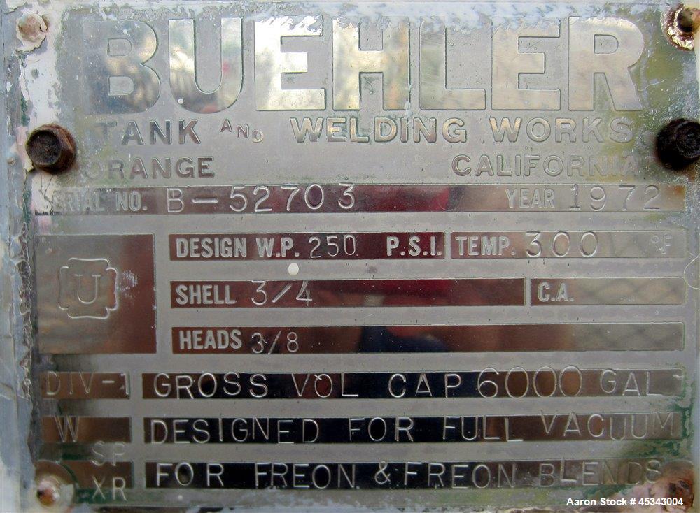 Used 6,000 Gallon Carbon Steel Buehler Tank & Welding Works Pressure Tank