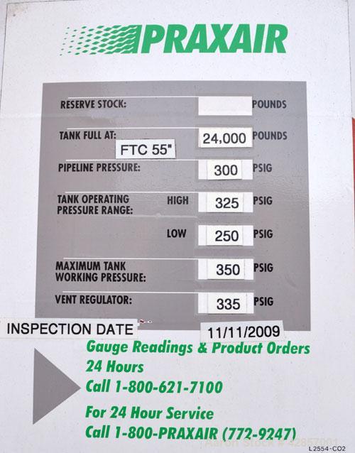 Used Airco Industrial Gases Horizontal Liquid Carbon Dioxide Storage Tank, Carbon Steel. 12 Ton CO2 capacity (24,000#), operating pressure 300 psig. Insulated,  R12 refrigerant. Mounted on a carbon s...